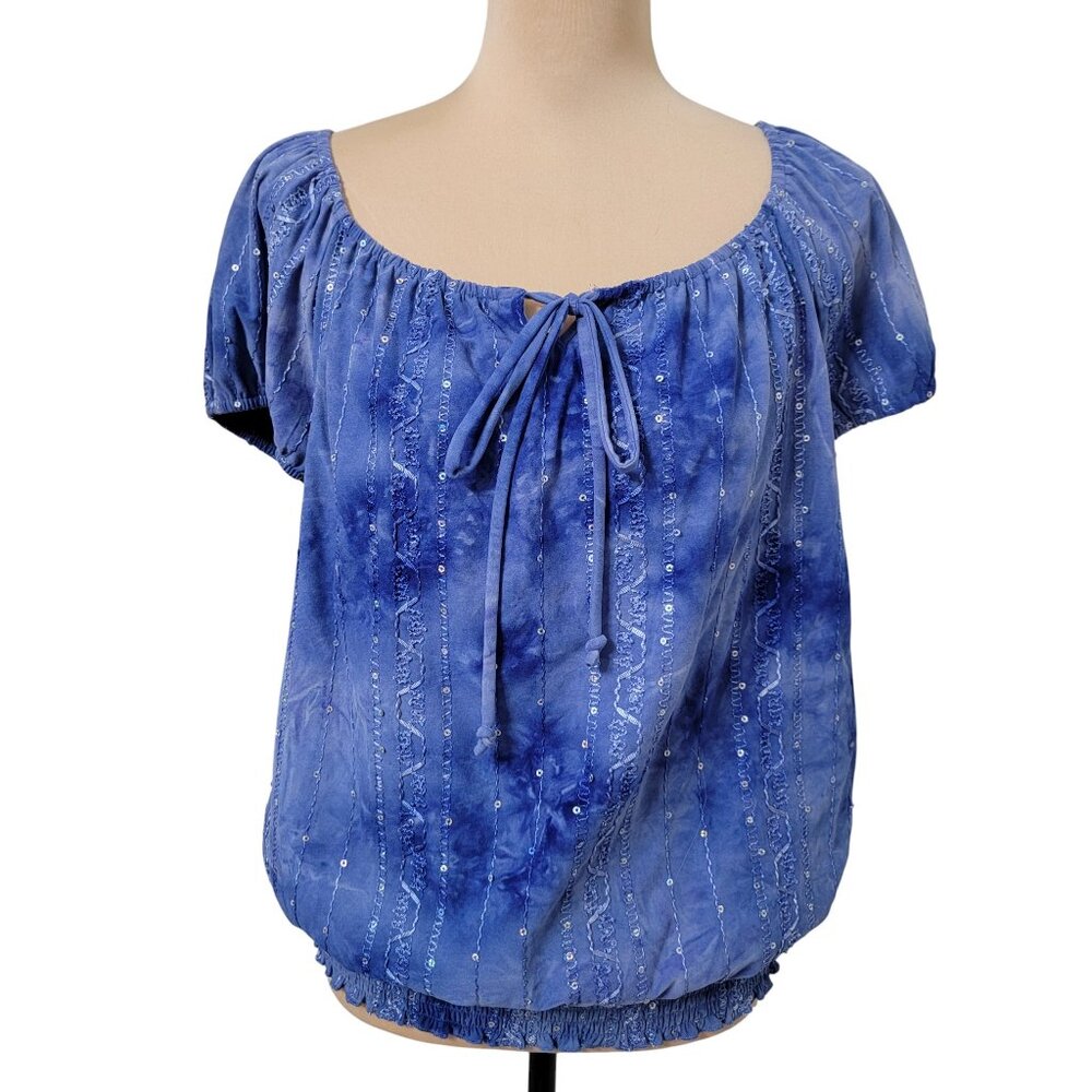 Sami & Jo Womens Size M Tie-Dye Blue, Sequin, Fiesta Lattice, Tie Front Blouse